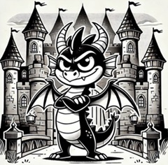 An image generated by ChatGPT Plus. A black and white cartoon illustration of a small dragon with bat-like wings, curved horns, and a mischievous grin, standing confidently with its arms crossed. The dragon is positioned in front of a medieval-style castle with multiple turrets, flags, and a drawbridge, adding a whimsical and adventurous tone to the scene.