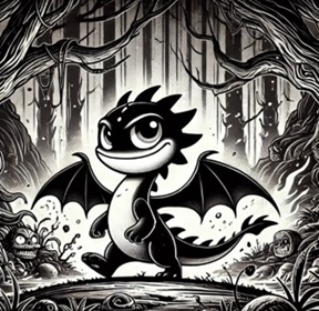 An image generated by ChatGPT Plus. A black and white cartoon illustration of a mischievous dragon with bat-like wings, a spiky back, and a wide smile. The dragon stands confidently in a dark, enchanted forest with twisted trees and eerie details like glowing eyes and skull-like shapes scattered in the undergrowth, creating a mysterious yet playful atmosphere.