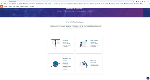 The ExploreAI homepage featuring links to AI demos, case studies, generative AI in practice examples and use cases. In the bottom right corner of the screen is the ExploreAIBot icon, it is a dark blue circle with a light blue chat bubble inside.