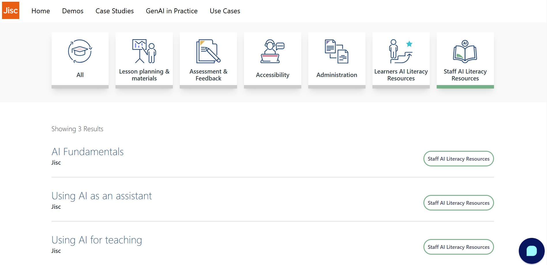 Jisc AI Literacy Resource Hub webpage showcasing categories: All, Lesson Planning & Materials, Assessment & Feedback, Accessibility, Administration, Learners AI Literacy Resources, and Staff AI Literacy Resources. Below, three results are displayed for Staff AI Literacy Resources: AI Fundamentals, Using AI as an Assistant, and Using AI for Teaching.