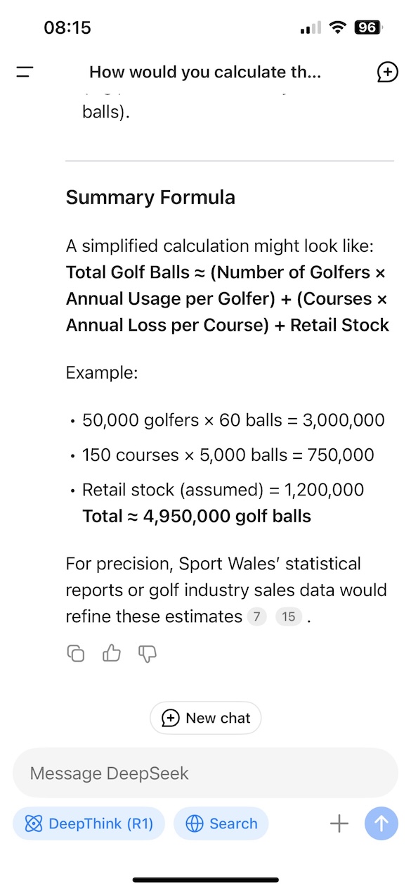 A screenshot of a chat interface where the AI assistant (DeepSeek) provides a summary formula for estimating the number of golf balls in Wales. The formula is: Total Golf Balls ≈ (Number of Golfers × Annual Usage per Golfer) + (Courses × Annual Loss per Course) + Retail Stock An example calculation is shown: 50,000 golfers × 60 balls = 3,000,000 150 courses × 5,000 balls = 750,000 Retail stock (assumed) = 1,200,000 Total ≈ 4,950,000 golf balls The response notes that Sport Wales' statistical reports or golf industry sales data could refine these estimates.