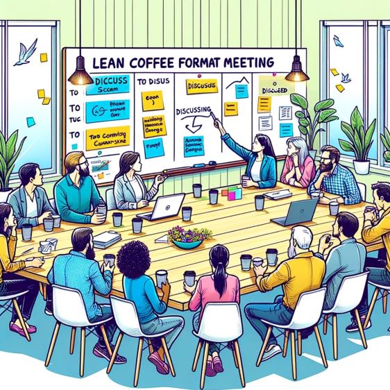 A diverse group of people in workwear sit around a table looking at a large whiteboard which says 'Lean Coffee' and has an arrangement of post it notes on a grid.