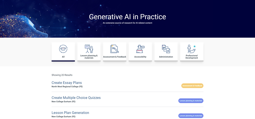 A screenshot of our webpage titled ‘Generative AI in Practice,’ described as an extensive source of research for AI-related content. The page features a dark blue and white color scheme with a dynamic, particle-style design on the top left corner. Below the title, there are six icons representing different categories: All, Learning planning & materials, Assessment & Feedback, Accessibility, Administration, and Professional Development. Underneath is a section showing some of the results including 'Create essay plans', 'Create multiple choice quizzes' and 'Lesson plan generation'.