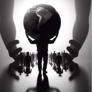 AI generated image, which contains a person holding up the earth. There is a crowd of people in the background, along with two arms reaching down from the top of the frame.