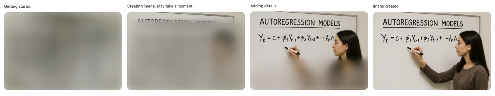 A series of four images, screen-captured from OpenAI's GPT-4o Image generation process, the image is of a woman writing on a whiteboard about Autoregression Models. It appears to be being unveiled from the top left, with blur being progressively removed. The four images are titled, "Getting started", "Creating image. May take a moment", "Adding details" and "Image created".