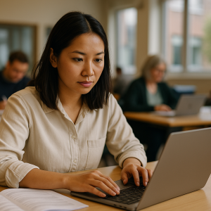 Teacher working on her laptop in a shared working space. Other people are visibly working in the background.