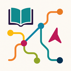 Image shows a book icon in the top left corner. There is also an abstract network of lines connecting dots - the lines and dots are of different colours.