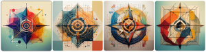 A series of four AI generated images. The image is abstract, somewhat resembling a compass.