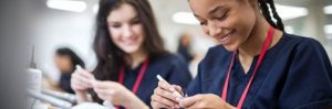 AI generated image of two female students engaged in an activity.