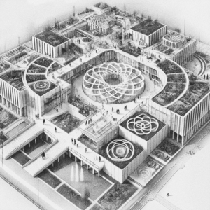 AI generated image of an architect's design of a city. There is a dome-like building in the centre. Most of the roofs have greenery on them.