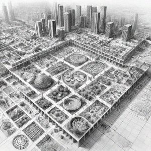 AI generated image of an architect's design of a city. There are tall buildings in the top pf the image, with more green space towards the bottom of the image.