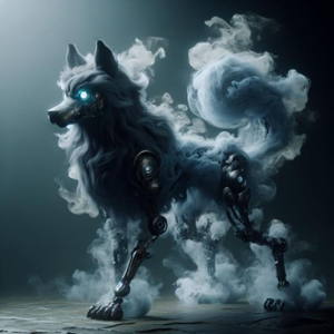 AI generated image of a mythical creature, which resembles a robotic dog with whisps of smoke, creating an ethereal, demonic presence