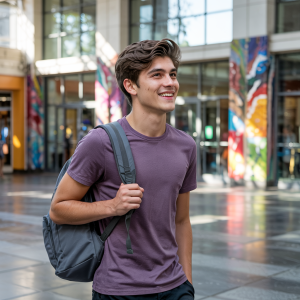 AI generated image of a male student walking through an atrium.