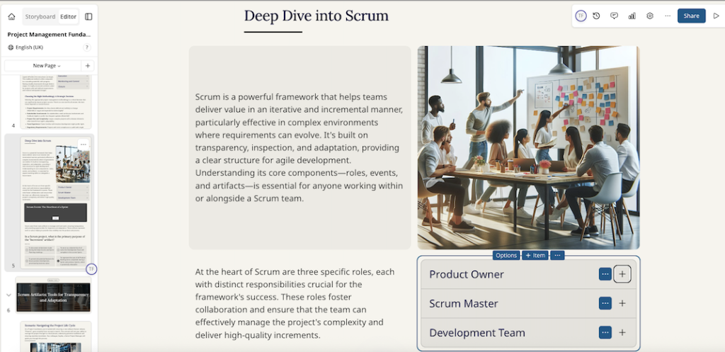 The Mindsmith interface shows storyboard thumbnails on the left. The main page is titled ‘Deep Dive into Scrum’ with explanatory text. To the right is a photo of a diverse team in a meeting room, adding sticky notes to a whiteboard. Below are expandable items for Product Owner, Scrum Master, and Development Team.