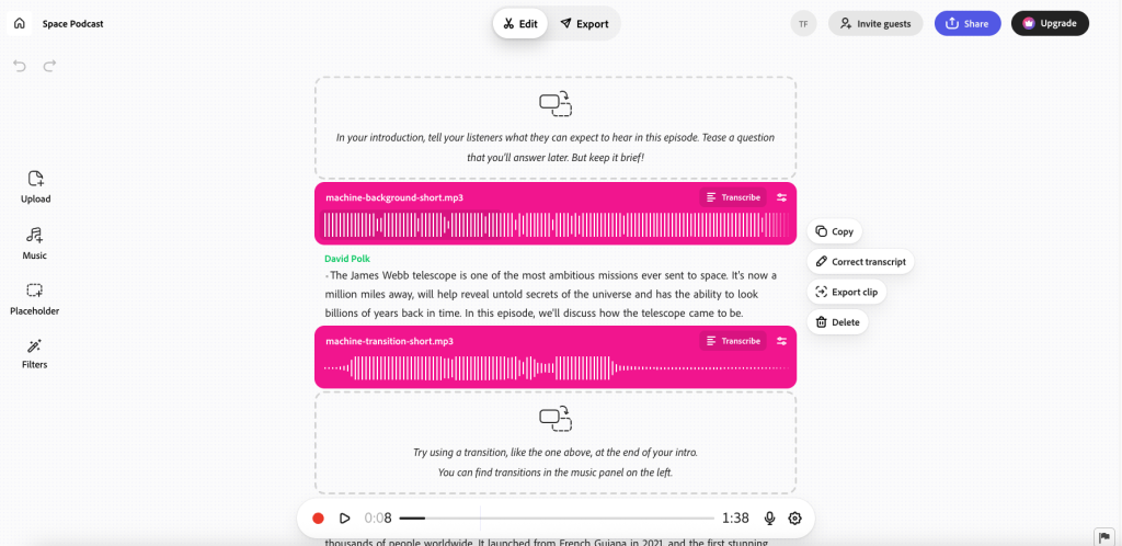 Screenshot of Adobe Podcast editor showing a project titled Space Podcast with two pink audio waveform tracks and transcript text about the James Webb telescope, plus editing options on the right.