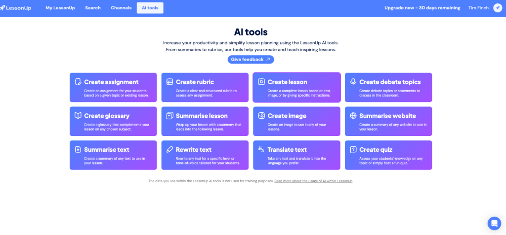 Screenshot of LessonUp “AI tools” page showing a grid of options: Create assignment, Create rubric, Create lesson, Create debate topics, Create glossary, Summarise lesson, Create image, Summarise website, Summarise text, Rewrite text, Translate text, and Create quiz.