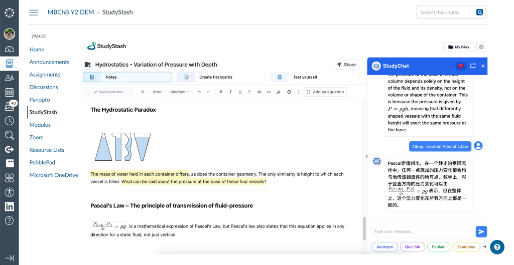 The StudyStash note-taking tool integrated inside Canvas LMS, displaying a physics note on hydrostatics. A StudyChat AI assistant panel is open on the right, showing an AI-generated explanation of the topics in English and Mandarin.