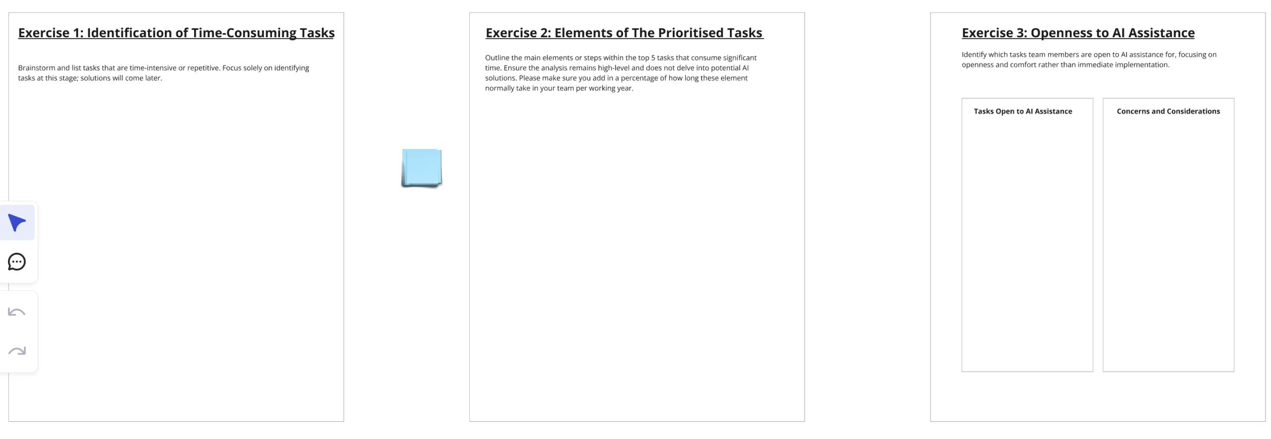 A digital whiteboard with three exercises displayed in separate boxes.Exercise 1: Identification of Time-Consuming Tasks — prompts users to brainstorm and list repetitive or time-intensive tasks. Exercise 2: Elements of the Prioritised Tasks — asks users to outline the main elements of the top 5 tasks that take significant time, including estimated percentages. Exercise 3: Openness to AI Assistance — divided into two columns: "Tasks Open to AI Assistance" and "Concerns and Considerations," encouraging reflection on comfort with AI support.