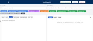 The EduFace interface displays fields for entering a student ID and uploading assessment-related files such as rubrics, exam papers, answer sheets, and marking schemes. The system includes options for report type, marking level, and feedback view. The main workspace is divided into two sections: one for uploaded files and another for displaying AI-generated or educator feedback. Buttons for functions like "Admin Dashboard," "Feedback," and "Sign Out" appear at the top of the screen.