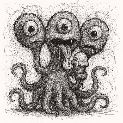 A sketch of a 3 headed alien with a body of tentacles eating an ice cream
