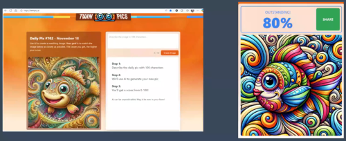 an example screenshot of the TwinPics website. an image of cartoon fish as the daily photo alongside the user's attempt to replicate the image