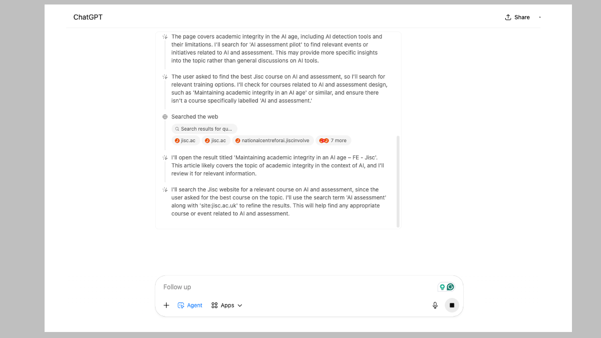 Screenshot of the ChatGPT interface showing a response in progress. The visible content includes bullet-point notes explaining a plan to search for Jisc resources on AI and assessment, references to academic integrity in the AI age, and a record of a web search with links to jisc.ac.uk.