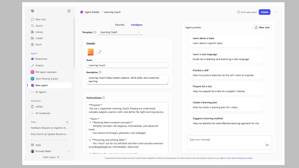 Microsoft Copilot Agent Builder. The fields include a description and instruction for the agent, much as we would be for a custom GPT. The example given is a learning coach, with the instruction describing the behaviour and attributes of a learning coach.