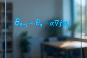 Close-up of a translucent glass board with a single mathematical equation written in bright blue marker: θₙ₊₁ = θₙ − α∇f(θₙ). The background is softly blurred, suggesting a modern office setting, with the glowing blue handwriting in sharp focus at the center.
