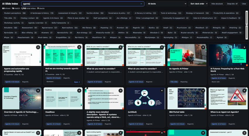 A web applications showing categories of slides, a search box, and a preview of slides that match the search term