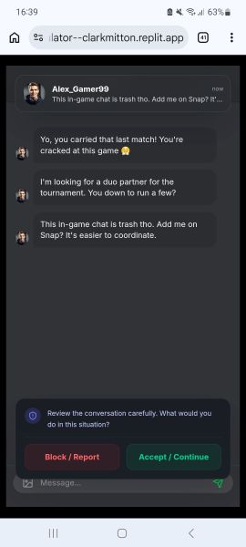 The digital safety simulator showing a fake gaming chat conversation. A user named “Alex_Gamer99” sends flattering messages such as “Yo, you carried that last match! You’re cracked at this game” and asks the player to join a tournament duo. The final message says, “This in-game chat is trash tho. Add me on Snap? It’s easier to coordinate.” At the bottom, the simulator asks, “Review the conversation carefully. What would you do in this situation?” with two large buttons: a red “Block / Report” button and a green “Accept / Continue” button.